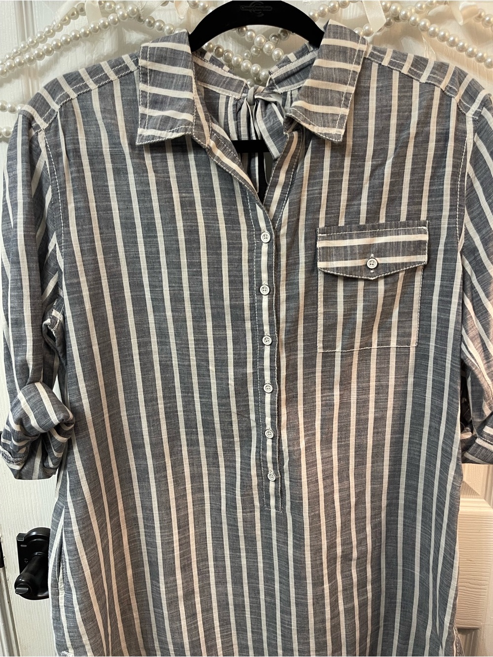 Women's Gray & White Vertical Nautical Stripe Buttoned Shirt - Picture 2 of 6